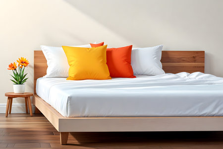 Interior of modern bedroom with wooden bed and orange pillows. 3d renderの素材