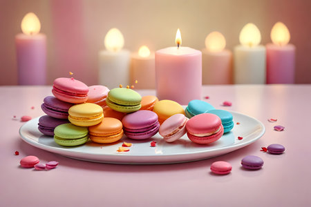 Colorful macaroons and candles on pink background, closeupの素材