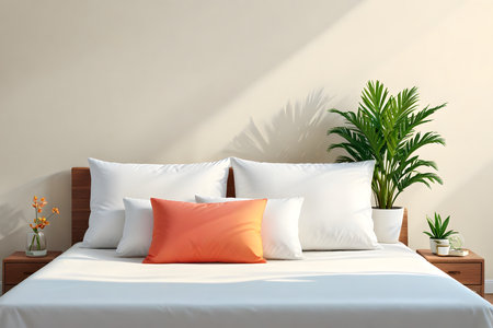 Modern bedroom interior with orange pillows on the bed, 3d renderの素材
