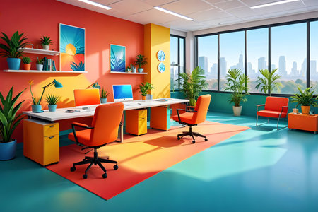 Modern office interior with orange walls, orange floor and orange armchairs. 3d renderingの素材