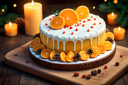 Christmas cake with oranges and candles on a wooden background. tinting. selective focusの素材