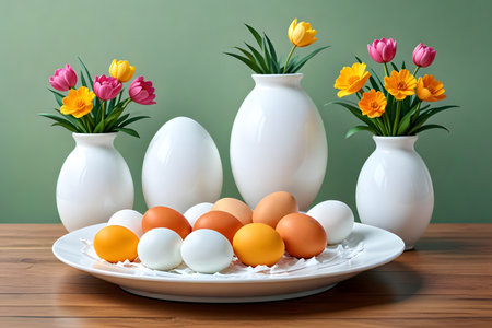 Easter eggs in white vases with tulips on wooden tableの素材