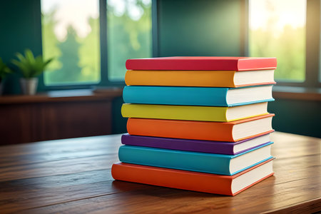 stack of colorful books on wooden table in library, education and reading conceptの素材