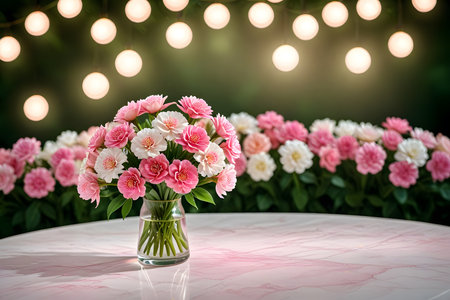 Beautiful flowers in vase on the table with bokeh backgroundの素材