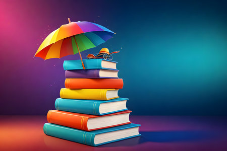 Books and umbrella on blue background. Education concept. 3d renderingの素材
