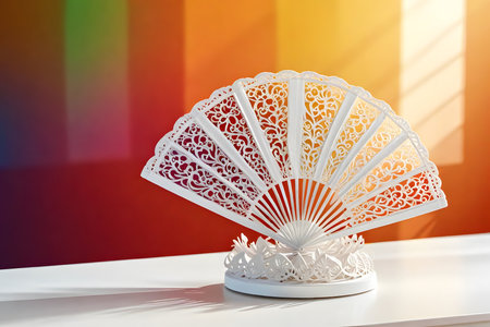 White paper fan on a white table in front of a colorful backgroundの素材