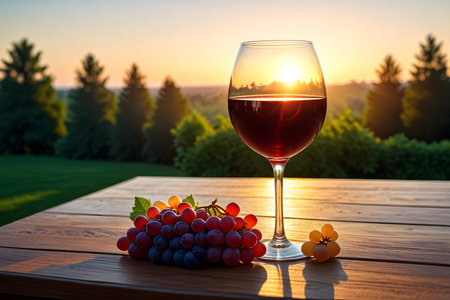 Glass of red wine with grapes on table in vineyard at sunsetの素材
