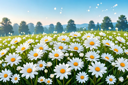 White daisies on a green meadow. Beautiful nature backgroundの素材