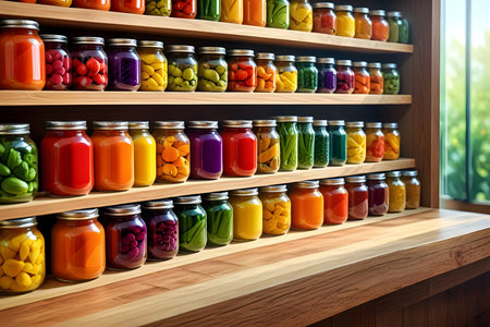 Colorful jars with different fruits and vegetables on wooden shelves in kitchenの素材