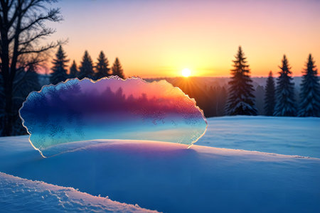 Beautiful winter landscape with snow covered trees and sunset on the background.の素材