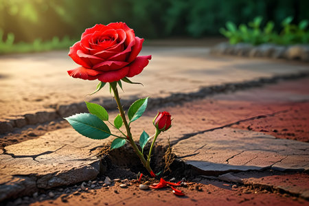 Red rose on cracked ground. Conceptual image for love and romance.の素材