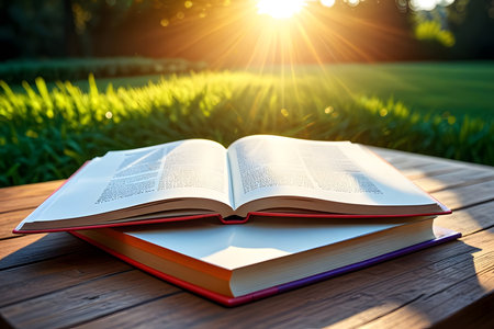 Open book on the wooden table in the garden at sunset. Education concept.の素材