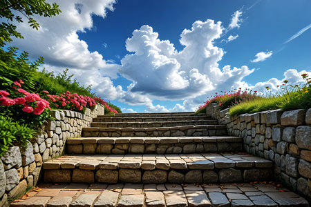 Stone stairs in the garden on the blue sky background with white cloudsの素材