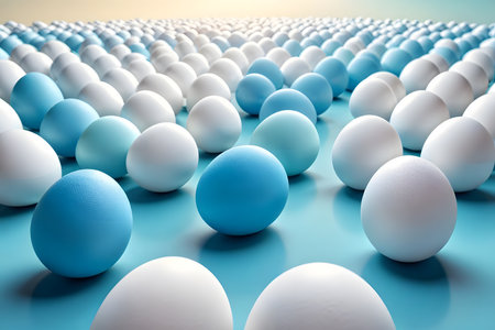 3d render of white and blue easter eggs on blue backgroundの素材