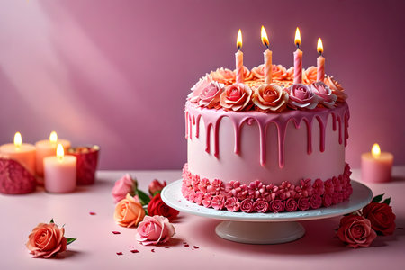 Beautiful birthday cake with burning candles on pink background, closeupの素材