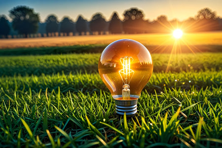Incandescent light bulb on green grass field at sunrise. Energy conceptの素材