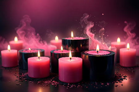 Burning candles with smoke on black background, close-up.の素材