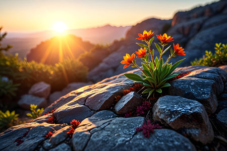 Flowers on the rock in the mountains at sunset. Beautiful natural background.の素材