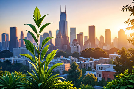 Green plant with city skyline background at sunset in Shanghai,China.の素材