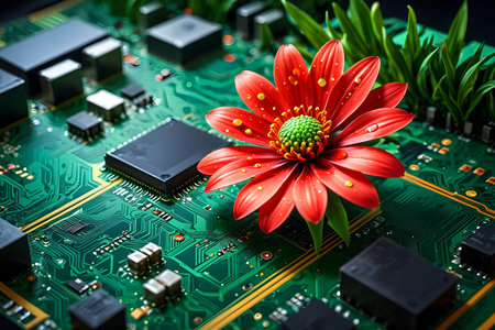 Close up of electronic circuit board with flower. Technology concept background.の素材