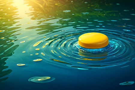 3d rendering of a yellow drop of water on a blue backgroundの素材