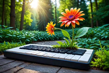 Computer keyboard and flower in the garden. Spring and summer concept.の素材