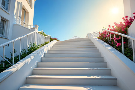 White stairs leading to a house with flowers in the garden on a sunny dayの素材