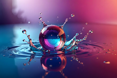 Water drop with ripples and water splash. 3d illustration.の素材