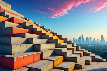 Concrete stairs leading to modern city skyline at sunset. 3D renderingの素材
