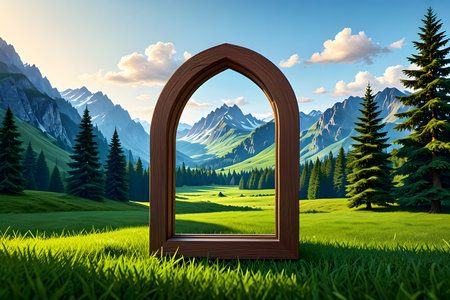 Wooden window in the green meadow with mountain background. 3d renderingの素材