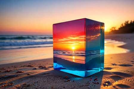 Glass cube on the beach with a beautiful sunset in the background.の素材
