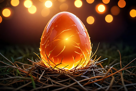 Easter egg in the nest with bokeh lights on backgroundの素材