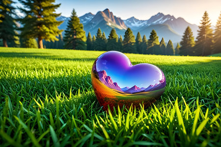 Valentine's day heart on green grass with mountains in backgroundの素材