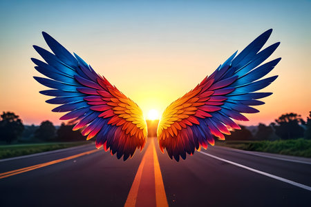 Colorful wings on the road at sunset. Concept of freedom.の素材