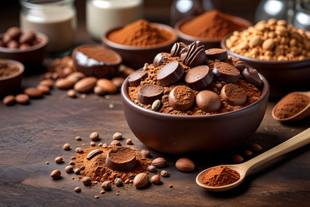 Cocoa beans, cocoa powder, chocolate candies and milk on wooden backgroundの素材