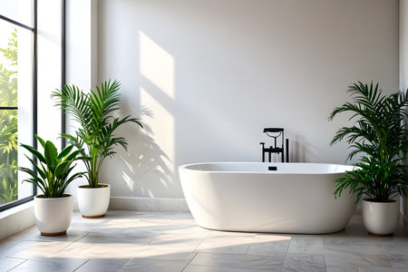 Interior of modern bathroom with white walls, tiled floor, white bathtub and potted plants. 3d renderの素材