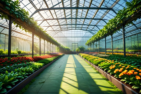 Greenhouse with rows of flowers in the garden. Nature background.の素材