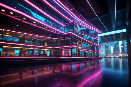 abstract scene of modern office building with neon lights,shanghai china.の素材
