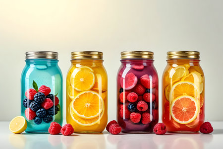 Colorful jars with fruit and berry infused water on white tableの素材