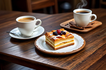 Coffee cup and cake on wooden table in coffee shop.の素材