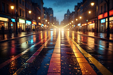 Rainy city street at night, Paris, France. Long exposureの素材