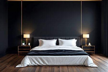 Dark bedroom interior with black walls, wooden floor, black master bed with white linen and two lamps. 3d renderingの素材