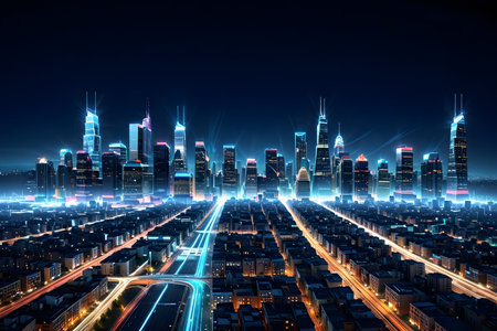 Night view of the modern city. 3d rendering toned imageの素材