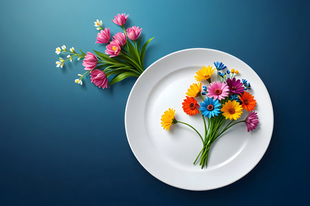 Plate with bouquet of colorful flowers on a blue background.の素材