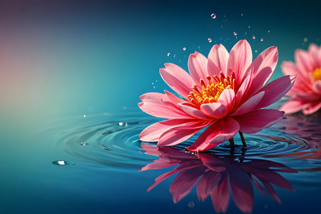 Beautiful pink lotus flower on blue water background with ripplesの素材
