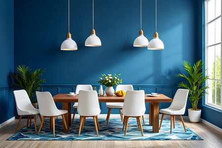 Modern dining room interior with blue walls, wooden floor, round wooden table with white chairs and plants. 3d renderingの素材