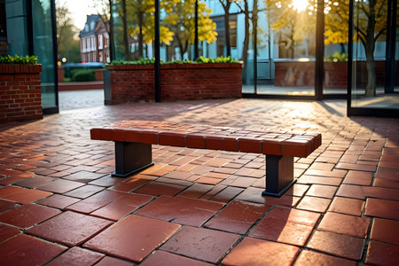 Bench in the city at sunset, low angle view with copy spaceの素材