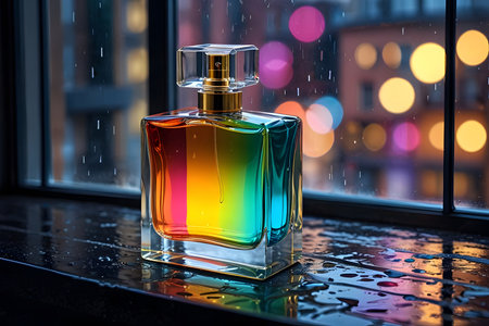 Perfume bottle on the background of the night city with rainの素材