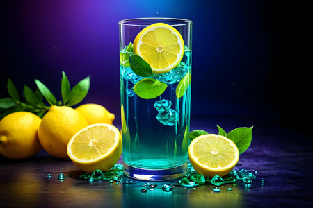 Cocktail with ice, lemon and mint on a black backgroundの素材