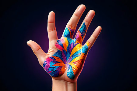 Female hand with abstract multicolored pattern on palm over dark backgroundの素材
